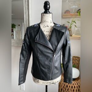 Faux Leather Jacket with Floral Embroidery